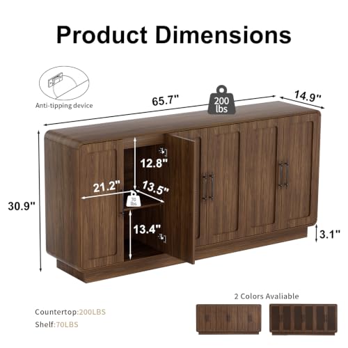 65.7" Sideboard Cabinet, 6-Door Storage Credenza,Walnut