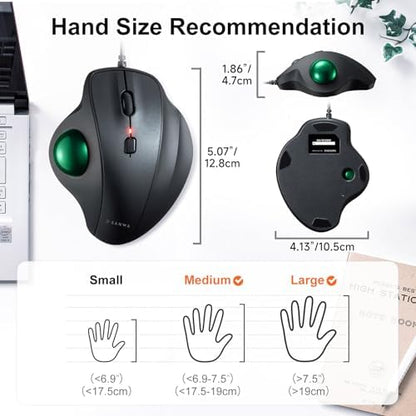SANWA Wired Trackball Mouse, USB-C/A, Silent Clicks, Programmable, Green