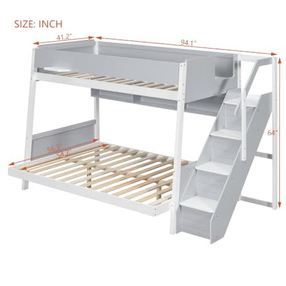 JIVOIT Twin Over Full Bunk Bed with Striped-Design Staircase, Side Shelves