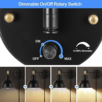 TRLIFE Plug in Wall Sconces, Dimmable Wall Sconces Retractable Swing Arm Wall Lamp with 6FT Plug in Cord and Dimmer Knob On/Off Switch, E26 Base, UL Listed(2 Pack)