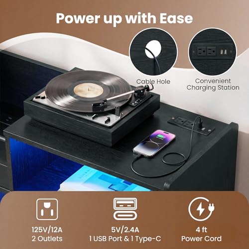 Large Record Player Stand with LED Light & Sliding Door, Black