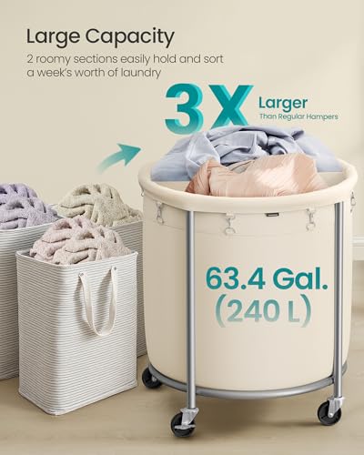 Laundry Basket with Wheels, 63.5 Gal., Steel Frame, Removable Bag