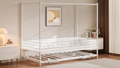 Twin Daybed with Trundle, Canopy Bed with Pop Up Trundle, White