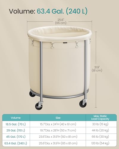 Laundry Basket with Wheels, 63.5 Gal., Steel Frame, Removable Bag