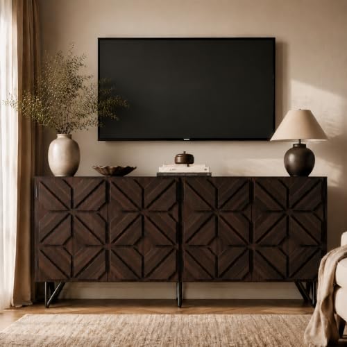 63" Solid Wood Buffet Cabinet with Geometric Doors, Dark Walnut