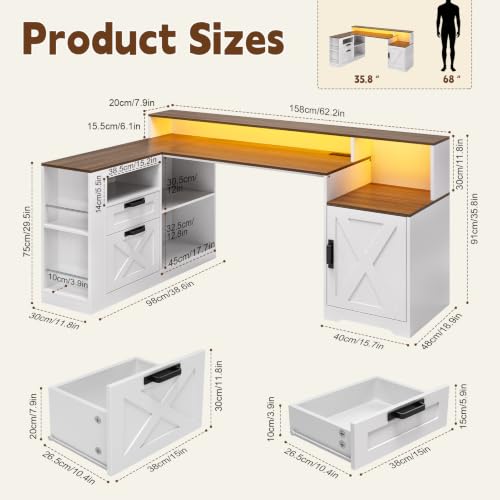 L Shaped Executive Desk with Drawers & Outlets, LED Lights