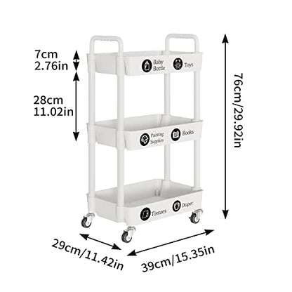 3 Tier Rolling Cart with Wheels, Utility Storage Carts,White