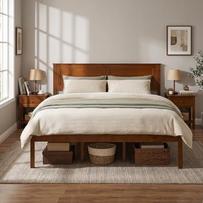 Queen Size Bed Frame, Farmhouse Wooden Platform Bed with Headboard