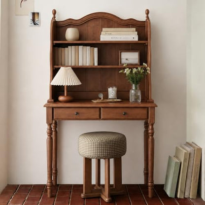Mid-Century Desk with 2 Drawers, Hutch and Storage Shelves