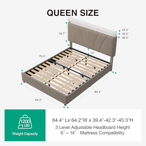 Queen Bed Frame with Drawers/Charging Station/LED Light, Beige