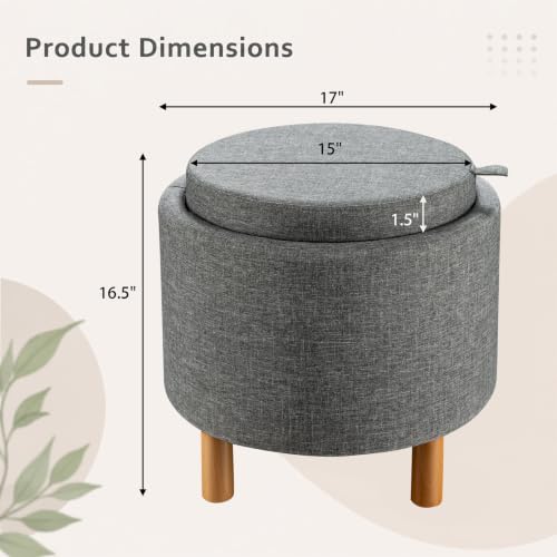 Round Storage Ottoman with Tray, Accent Storage Footstool, Gray