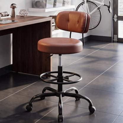 Homkdom Brown Drafting Chair, PU Leather, Dual-Layer Back, Workshop Chair