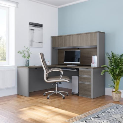 Bestar L-Shaped Desk with Hutch, Bark Grey, Prestige +, 72W