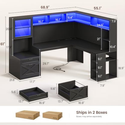 68" Farmhouse L Shaped Computer Desk with Hutch, Storage Drawers