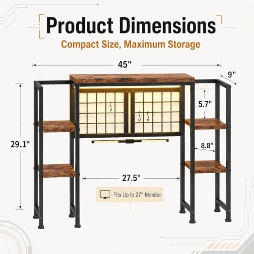 5-Tier LED Desk Hutch, Desk Shelf for Dorm Home Office, Rustic Brown