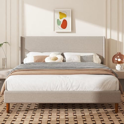 King Size Linen Platform Bed Frame with Wingback Upholstered Headboard
