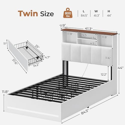 Twin Size Bed Frame with Storage Headboard & 4 Drawers, LED Lights, White
