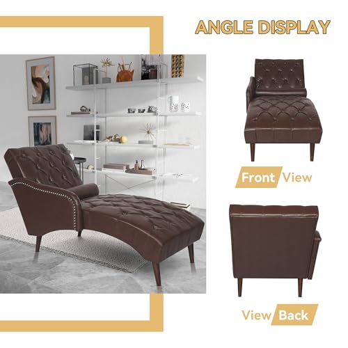 PU Leather Chaise Lounge Chair Indoor, Side Armrest, Dark Brown