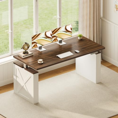 Farmhouse 55 Inch Electric Standing Desk, Walnut+White