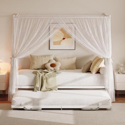 Twin Daybed with Trundle, Canopy Bed with Pop Up Trundle, White