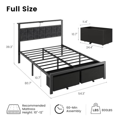 Full Size Bed Frame with Upholstered Headboard and 2 Storage Drawers