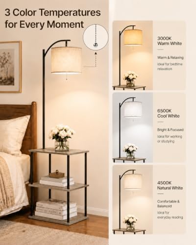 GERGO Floor Lamp with Table, Side Table for Living Room, 3 CCT 9W LED Bulb