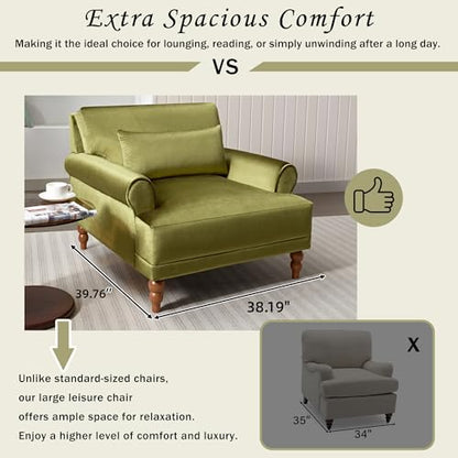 Oversized Velvet Accent Arm Chair with Roman Column Legs, Green