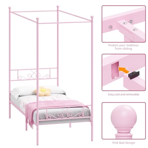 Twin Canopy Bed Frame with Headboard, Metal Twin Beds for Kids, Pink