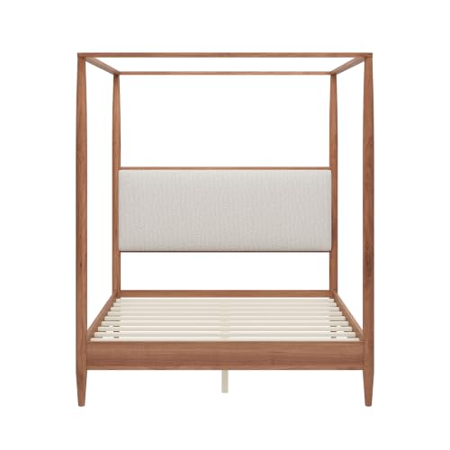 Queen Size Wood Canopy Bed with Upholstered Headboard, Walnut