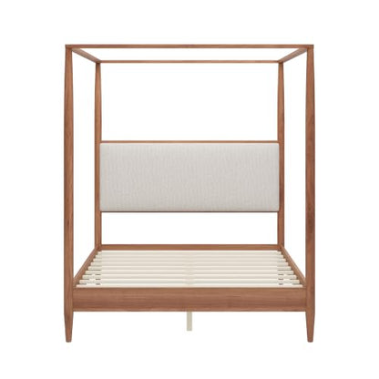 Queen Size Wood Canopy Bed with Upholstered Headboard, Walnut