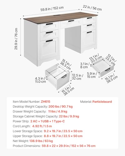 60" Executive Desk with Drawers, Farmhouse Home Office Desk with Charge Station, Keyboard Tray, File Storage Cabinet, 200 LBS Load Capacity Wood Table, Easy Assembly, for Work Study, Walnut