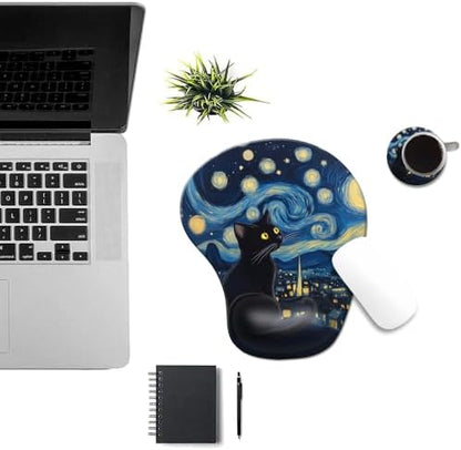 Ergonomic Mouse Pad with Wrist Rest,Comfortable Computer Gel Mouse Pad Wrist Support for Laptop,Pain Relief Mousepad with Non-Slip PU Base Starry Night Black Cat