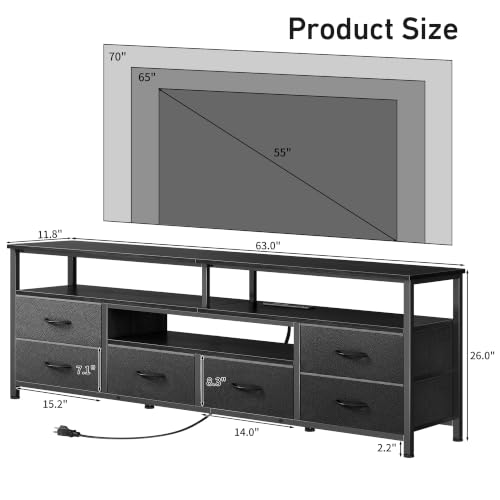 63'' LED TV Stand, Entertainment Center w/Power Outlets, Black