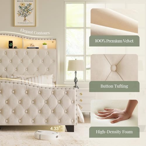 Platform Bed Frame with 50.9" LED Headboard, Queen Beige