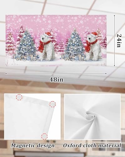 Pink Christmas Magnetic Fluorescent Light Covers for Ceiling Lights 2 x 4 Feet,Snowflakes Retro Snowy Xmas Tree Bear Office Classroom Kitchen Drop Ceiling Light Covers Filters Shade Panel 2 Packs