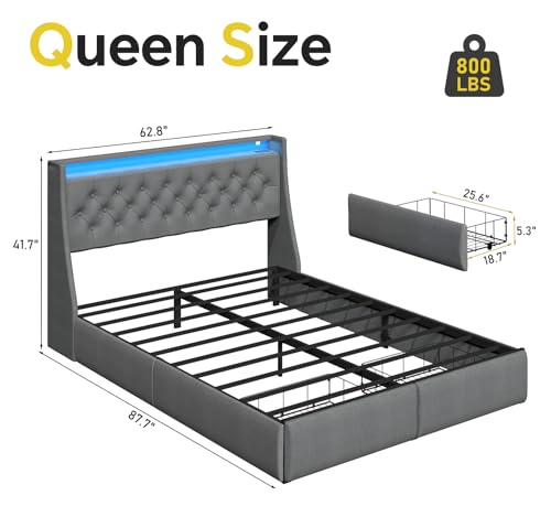 Queen Bed Frame with 2 Storage Drawer, Queen Size Bed Frame, Grey