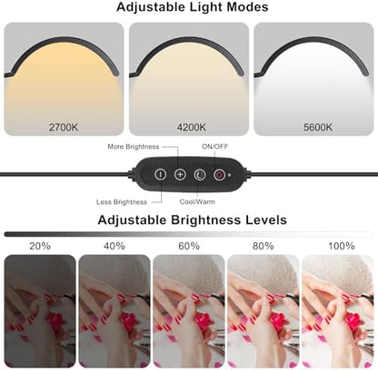 Half Moon Desk Lash Light with 4X Magnifier, 2-in-1 Dual Arm Gooseneck Clamp Lamp for Eyelash Extension, Shadow-Free Esthetician Light, Adjustable Color & Brightness for Tattoo, Sewing, Crafts