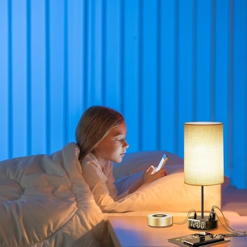 Touch Control Nightstand Light Bedside Table Lamp with USB C Charging Ports Alarm Clock 3 Way Dimmable Lamp for Bedroom Living Room Home（Gray） Thanksgiving Gifts
