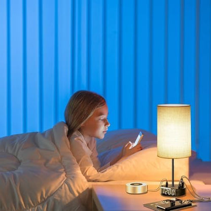Touch Control Nightstand Light Bedside Table Lamp with USB C Charging Ports Alarm Clock 3 Way Dimmable Lamp for Bedroom Living Room Home（Gray） Thanksgiving Gifts