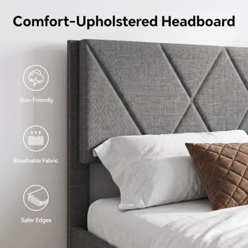 Full Platform Bed Frame with Upholstered Headboard, Gray