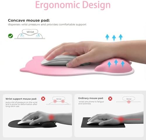 Gel Mouse Pad with Wrist Rest for Mouse Ergonomic Cat Mouse Wrist Rest Non-Slip Silicone Cute Mousepad with Wrist Support for Computer Desk Gaming Laptop Home Office Desk Accessories Pink