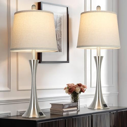 Rinweey 27.5" Silver Table Lamps Set of 2, Touch Bedside Lamps with USB C+A Ports, 3 Way Dimmable Nightstand Lamps for Bedroom, Living Room, Office, Silver Lamp with Beige Lampshade, Bulbs Included
