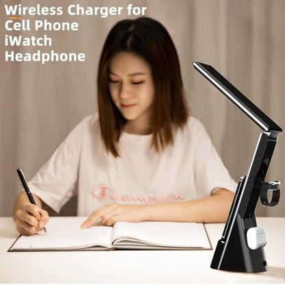 AYI 6in1 Multifunctional Foldable LED Table Lamp with Wireless Charger Digital Alarm Clock Eye-Care Lighting 3 Color Modes 15W Qi Charger for Phone/Headphones, iWatch Charger Compatible-N61 Black.