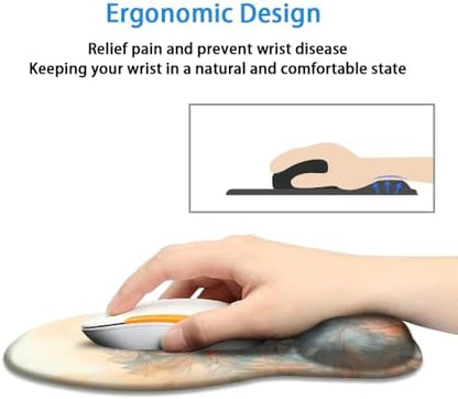 Ergonomic Mouse Pad with Wrist Rest,Comfortable Computer Gel Mouse Pad Wrist Support for Laptop,Pain Relief Mousepad with Non-Slip PU Base Aesthetic Flower