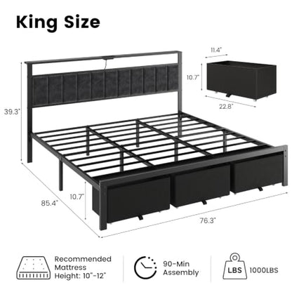 King Size Bed Frame with Upholstered Headboard and 3 Storage Drawers