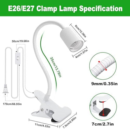 Clip on Desk Lamp, White Clip Lamp Holder with 220 CM Switch and Plug Cable, Clamp Light Socket with Metal Clamp, 9-350 MM Thickened Lengthened Gooseneck Light, E27 Lamp Holder, for Home Office