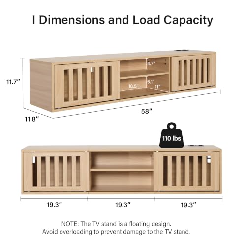58" Floating TV Stand Wall Mounted with Power Outlet, Natural