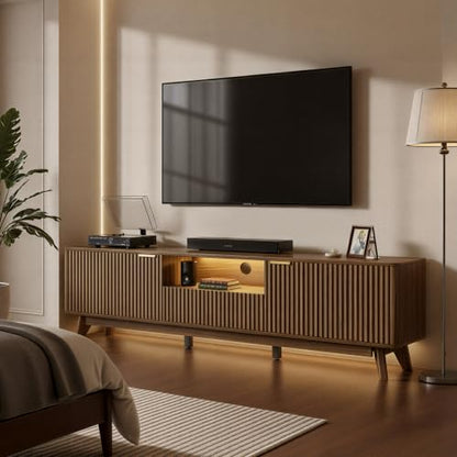70 Inch Fluted TV Stand with Storage for Living Room, Walnut
