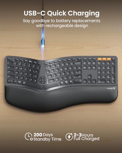 ProtoArc EK01 Plus Backlit Ergonomic Bluetooth Keyboard, Matte Black
