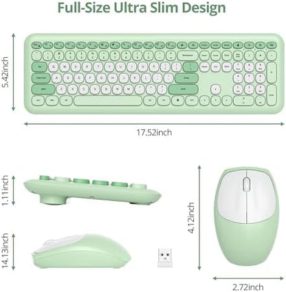 surmen Green Keyboard and Mouse Wireless, Cute Wireless Typewriter Keyboard, Full Size Slim Silent Round Keys Aesthetic for Home and Office(Colorful Green)